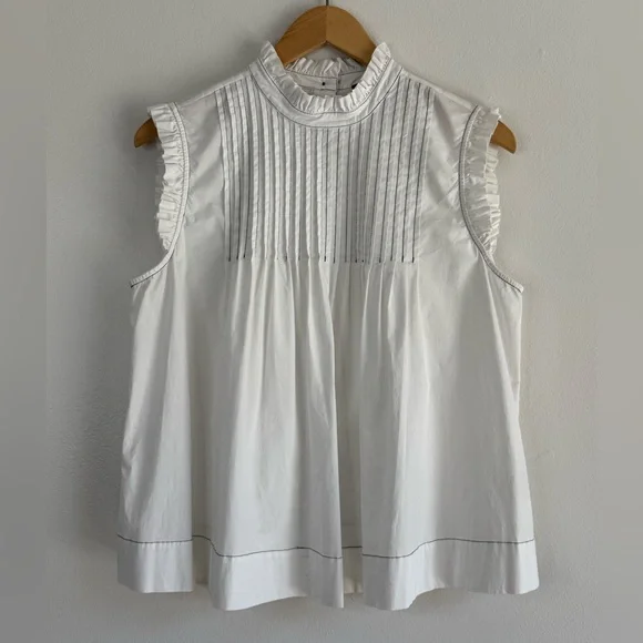 NEW Vince Camuto Button Back Pintucked Poplin Ruffle Contrast Stitch Top - Picture 2 of 10